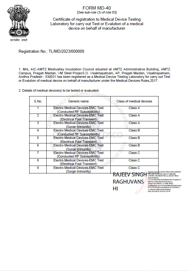 Certificate of Registration to Medical Device Testing Laboratory for carry out test of evaluation of a medical device on behalf of manufacturer